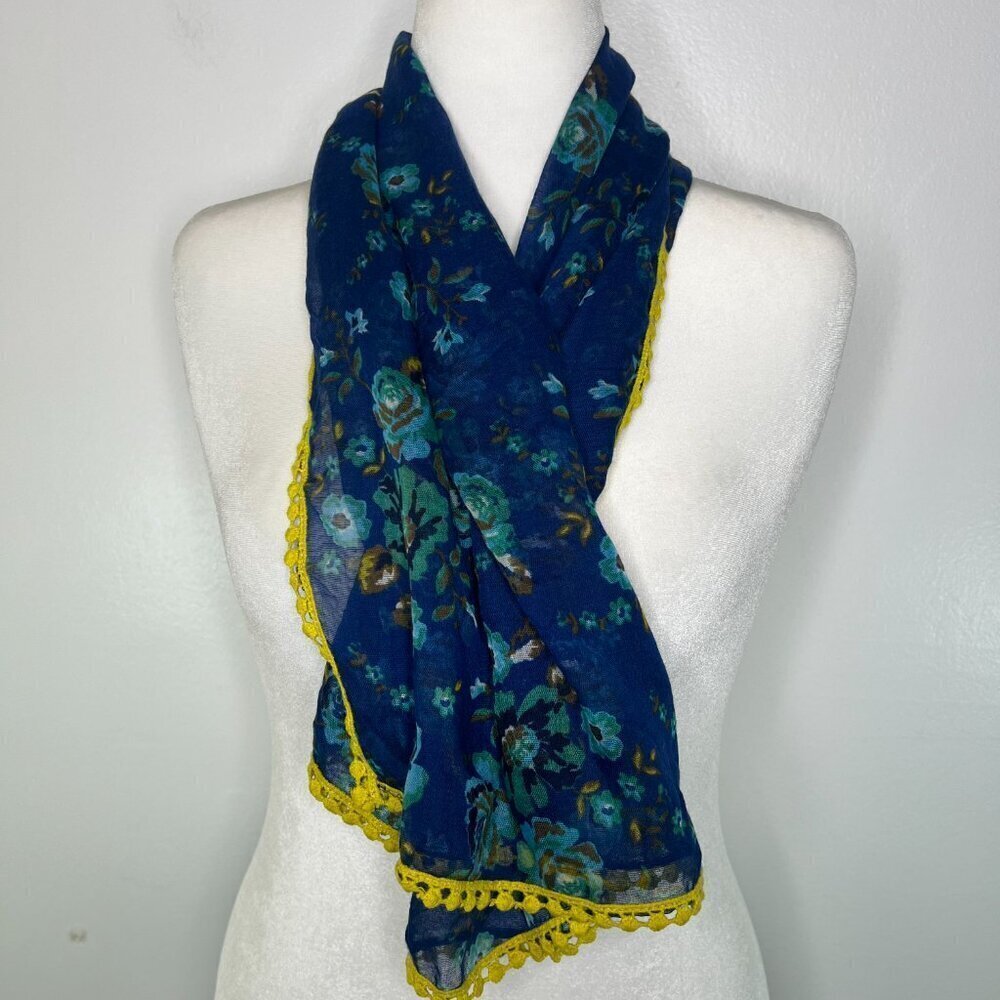 Women's‎ Square Scarf 40 in Blue Floral Yellow Crochet Hem Sheer Vibrant Coverup